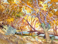 Pools Hidden Under Fall Trees, a California watercolor painting by Glen Knowles. HD giclee art prints for sale at CaliforniaWatercolor.com - original California paintings, & premium giclee prints for sale