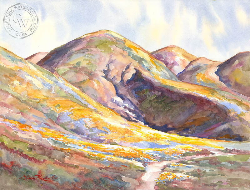 Poppy Covered Hills, watercolor painting by Glen Knowles  (American art). Fine art giclée print reproduction by California Watercolor for wall decor.