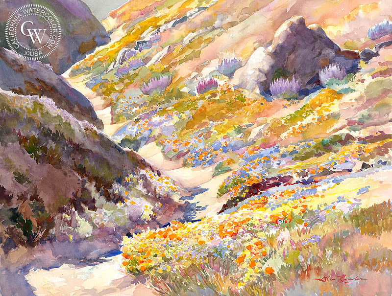 Sheltered Poppies, watercolor painting by Glen Knowles  (American art). Fine art giclée print reproduction by California Watercolor for wall decor.
