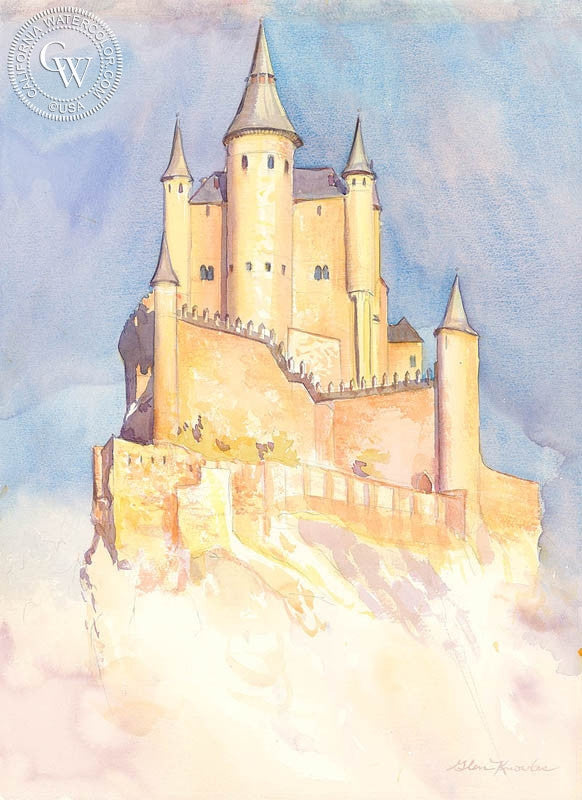 The Floating Alcazar, Seqouia, Spain, watercolor painting by Glen Knowles  (American art). Fine art giclée print reproduction by California Watercolor for wall decor.