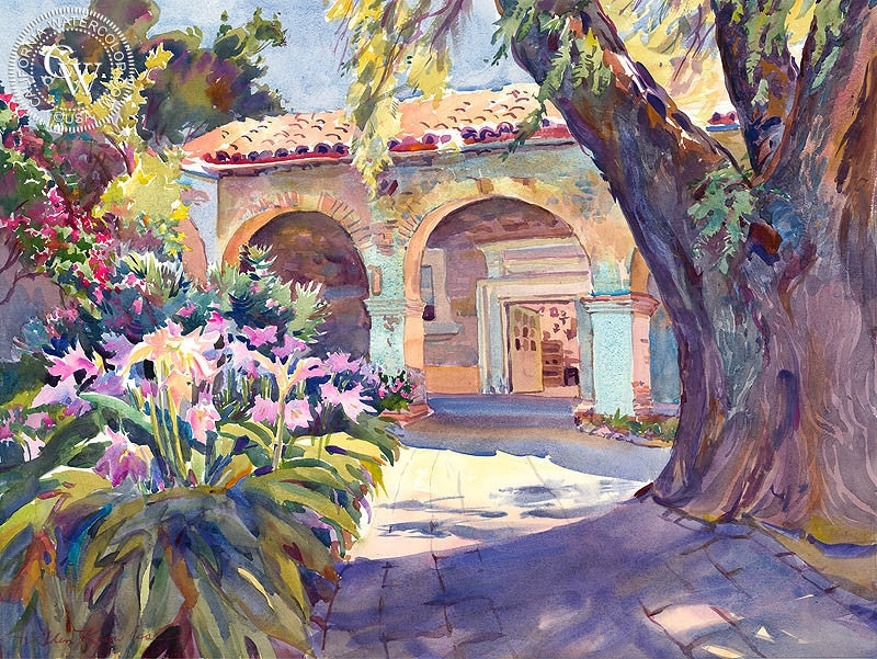 The Old Pepper Tree, San Juan Capistrano, watercolor painting by Glen Knowles  (American art). Fine art giclée print reproduction by California Watercolor for wall decor.