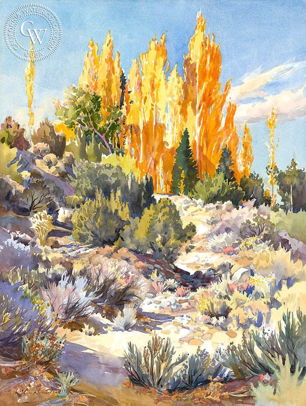 There's Gold in the Wash, watercolor painting by Glen Knowles  (American art). Fine art giclée print reproduction by California Watercolor for wall decor.