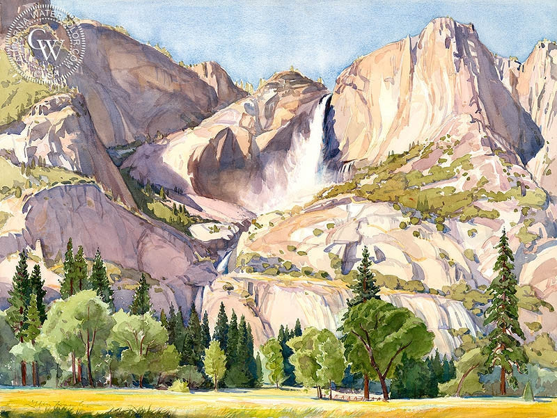 Yosemite Falls, watercolor painting by Glen Knowles  (American art). Fine art giclée print reproduction by California Watercolor for wall decor.