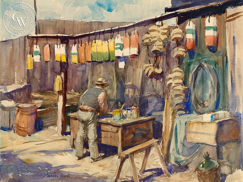 Lobster Buoys, watercolor painting by Gordon Grant  (American art). Fine art giclée print reproduction by California Watercolor for wall decor.