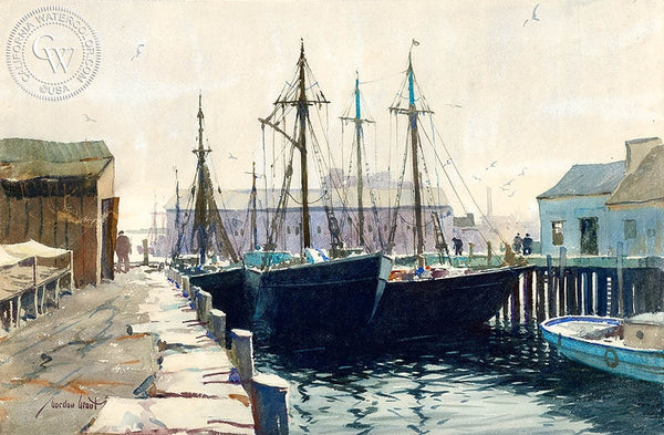 Sunday in Dock, California art by Gordon Grant. HD giclee art prints for sale at CaliforniaWatercolor.com - original California paintings, & premium giclee prints for sale