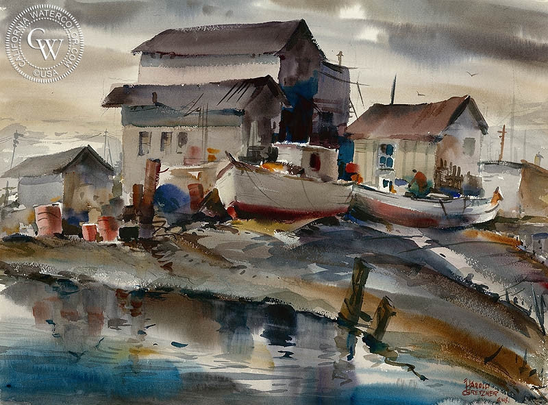 Dock House, watercolor painting by Harold Gretzner  (American art). Fine art giclée print reproduction by California Watercolor for wall decor.