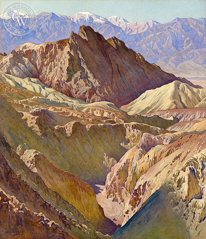 Golden Valley, Death Valley, watercolor painting by Gunnar Widforss  (American art). Fine art giclée print reproduction by California Watercolor for wall decor.