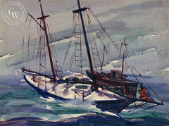 Heeled to Starboard, California art by Harold "Hal" Lanfair. HD giclee art prints for sale at CaliforniaWatercolor.com - original California paintings, & premium giclee prints for sale