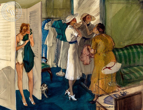 A New Dress, c. 1930s, watercolor painting by Hardie Gramatky  (American art). Fine art giclée print reproduction by California Watercolor for wall decor.