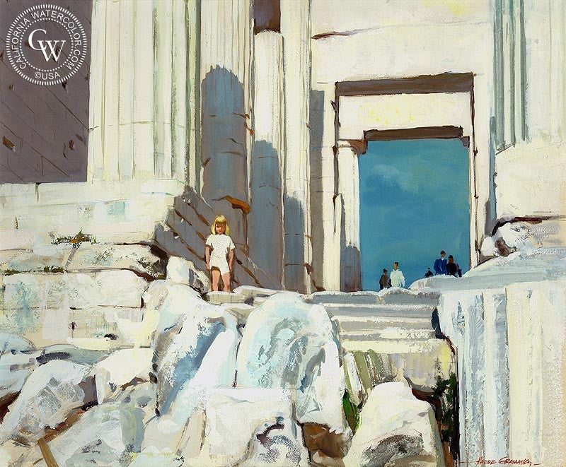 Acropolis, 1962, watercolor painting by Hardie Gramatky  (American art). Fine art giclée print reproduction by California Watercolor for wall decor.