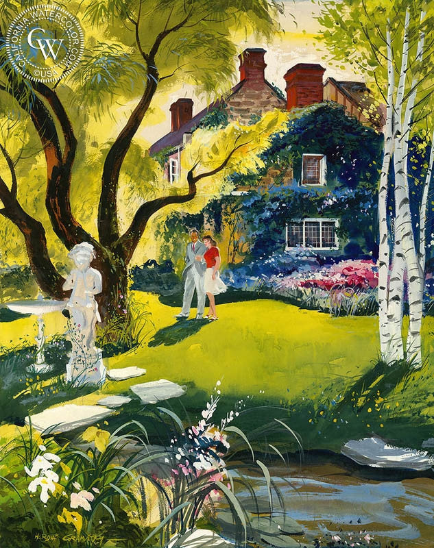 Afternoon Walk, (Westport), c. 1950s, watercolor painting by Hardie Gramatky  (American art). Fine art giclée print reproduction by California Watercolor for wall decor.