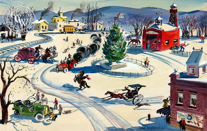 An Old-Fashioned Christmas, (Westport), 1940, watercolor painting by Hardie Gramatky  (American art). Fine art giclée print reproduction by California Watercolor for wall decor.