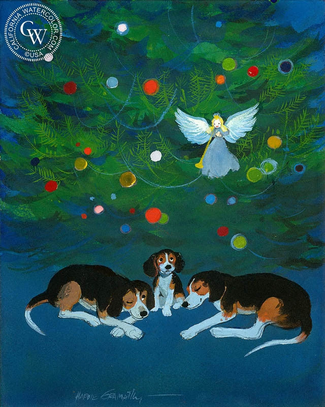 Angel Overseeing Happy's Family, 1970, watercolor painting by Hardie Gramatky  (American art). Fine art giclée print reproduction by California Watercolor for wall decor.