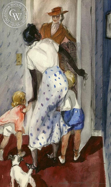 Answering the Door, c. 1930's, California art by Hardie Gramatky. HD giclee art prints for sale at CaliforniaWatercolor.com - original California paintings, & premium giclee prints for sale