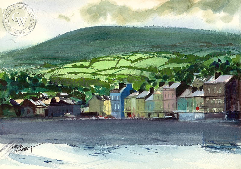 Bantry Bay, Ireland, 1977, watercolor painting by Hardie Gramatky  (American art). Fine art giclée print reproduction by California Watercolor for wall decor.