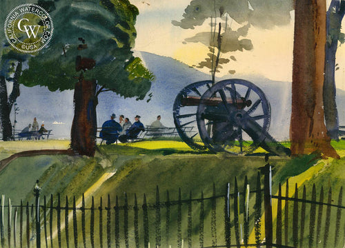 Battlefield, Gettysburg, 1947, watercolor painting by Hardie Gramatky  (American art). Fine art giclée print reproduction by California Watercolor for wall decor.