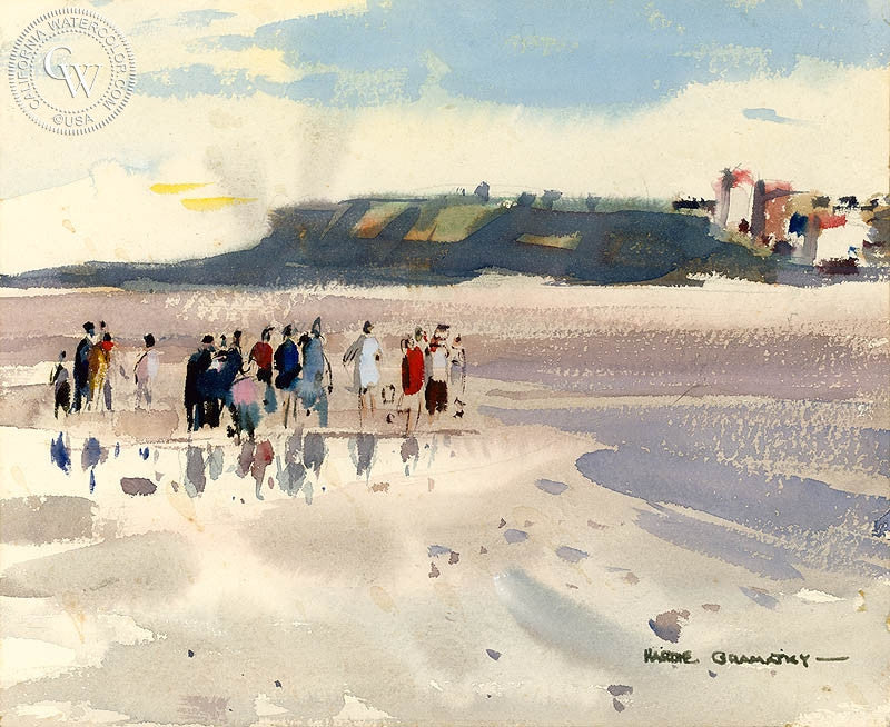 Beach at Wimereux, 1977, watercolor painting by Hardie Gramatky  (American art). Fine art giclée print reproduction by California Watercolor for wall decor.
