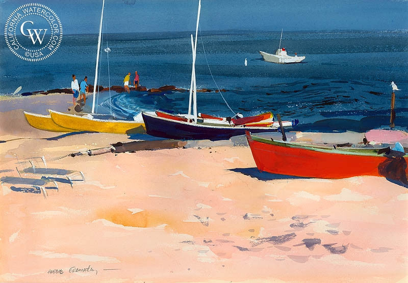 Boats, Old Lyme, (Westport), 1976, watercolor painting by Hardie Gramatky  (American art). Fine art giclée print reproduction by California Watercolor for wall decor.