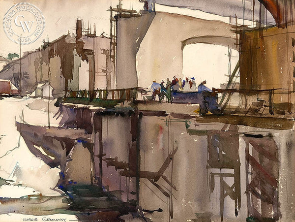 Bridge Construction, 1932, California art by Hardie Gramatky. HD giclee art prints for sale at CaliforniaWatercolor.com - original California paintings, & premium giclee prints for sale