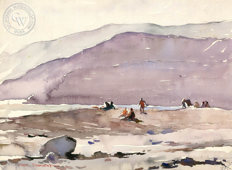 California Beach, 1928, watercolor painting by Hardie Gramatky  (American art). Fine art giclée print reproduction by California Watercolor for wall decor.