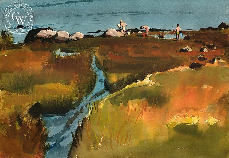 Compo Marsh, Three Pals, (Westport), 1971, watercolor painting by Hardie Gramatky  (American art). Fine art giclée print reproduction by California Watercolor for wall decor.