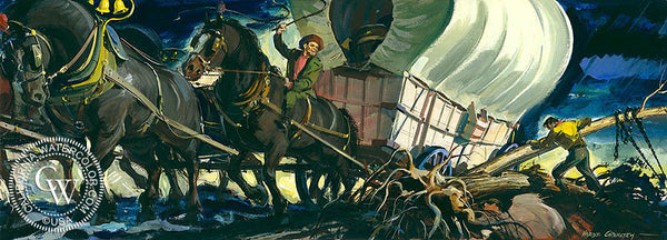 Conestoga Bells, 1950, by Hardie Gramatky. An illustration for Country Gentlemen Magazine, California Watercolor art. HD giclee art prints for sale at CaliforniaWatercolor.com - original California paintings, & premium giclee prints for sale