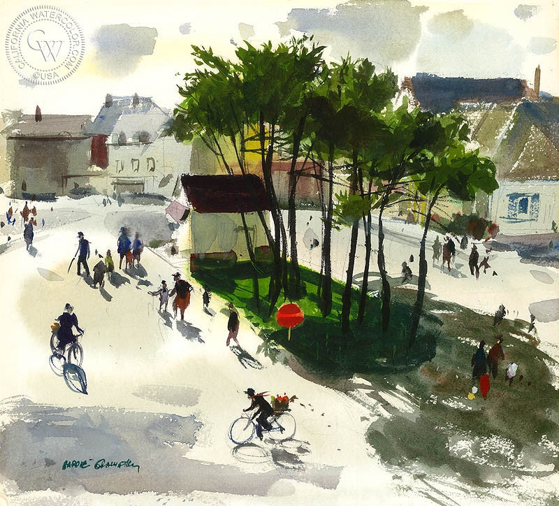 Coutainville, France, 1976, watercolor painting by Hardie Gramatky  (American art). Fine art giclée print reproduction by California Watercolor for wall decor.