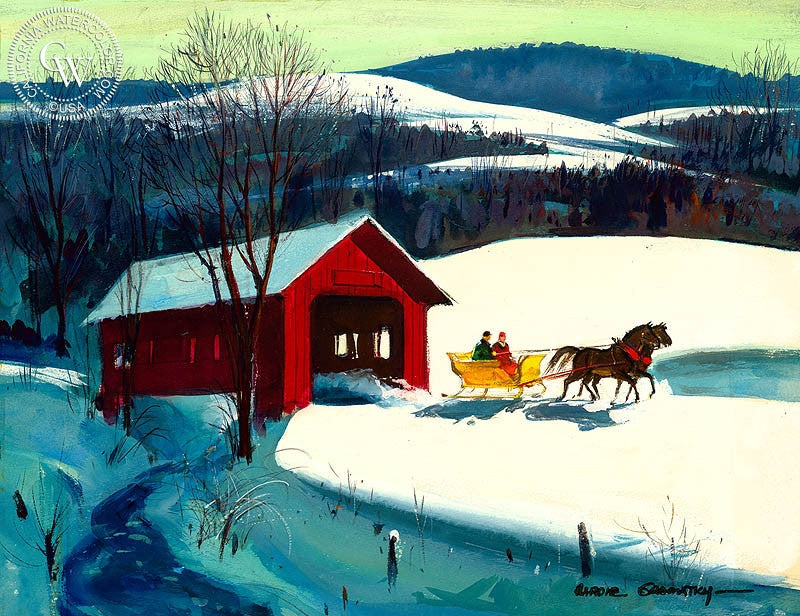 Covered Bridge and Sleigh, 1964, watercolor painting by Hardie Gramatky  (American art). Fine art giclée print reproduction by California Watercolor for wall decor.