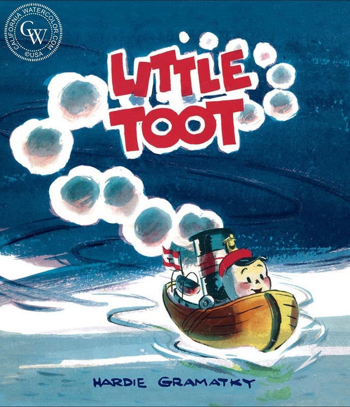 Cover of Restored Little Toot, 1939, watercolor painting by Hardie Gramatky  (American art). Fine art giclée print reproduction by California Watercolor for wall decor.