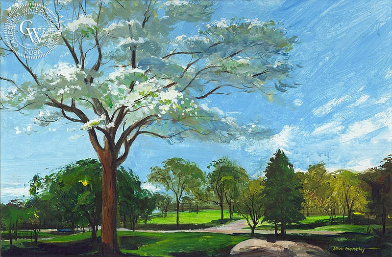 Dogwood in the Park, (Westport), 1966, watercolor painting by Hardie Gramatky  (American art). Fine art giclée print reproduction by California Watercolor for wall decor.