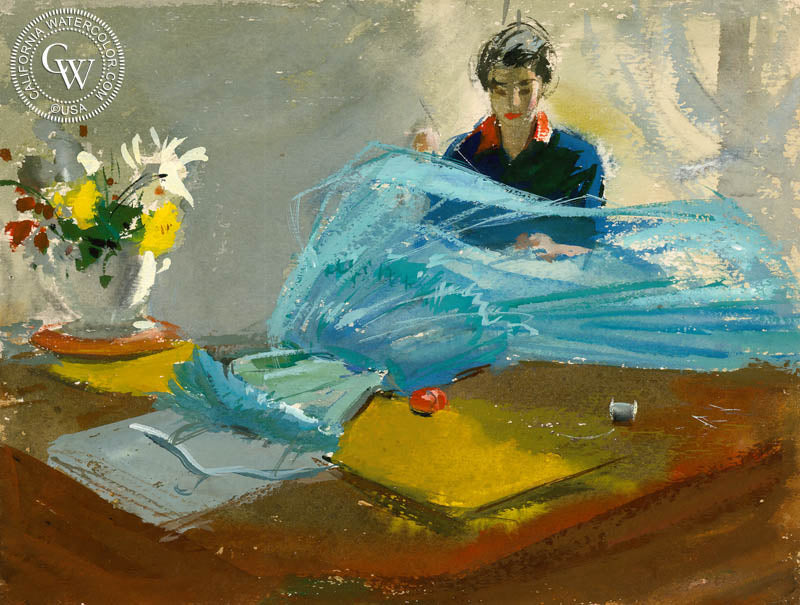 Doppy Sewing, 1959, watercolor painting by Hardie Gramatky  (American art). Fine art giclée print reproduction by California Watercolor for wall decor.