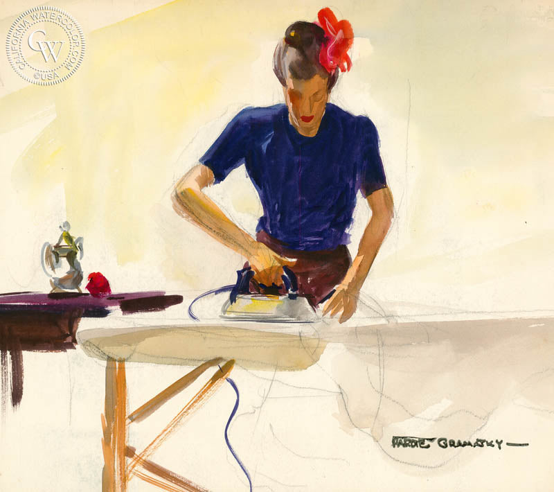 Dops Ironing, 1948, watercolor painting by Hardie Gramatky  (American art). Fine art giclée print reproduction by California Watercolor for wall decor.