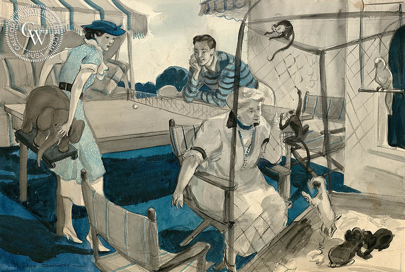 Entertaining Monkeys, 1936, watercolor painting by Hardie Gramatky  (American art). Fine art giclée print reproduction by California Watercolor for wall decor.