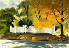 Fence in Westport, 1958, California art by Hardie Gramatky. HD giclee art prints for sale at CaliforniaWatercolor.com - original California paintings, & premium giclee prints for sale