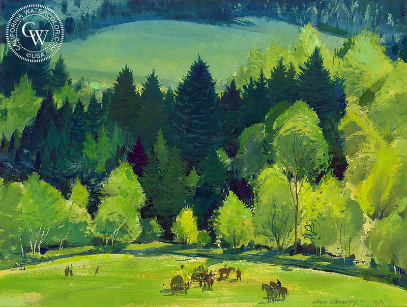 Field Trials, 1954, watercolor painting by Hardie Gramatky  (American art). Fine art giclée print reproduction by California Watercolor for wall decor.