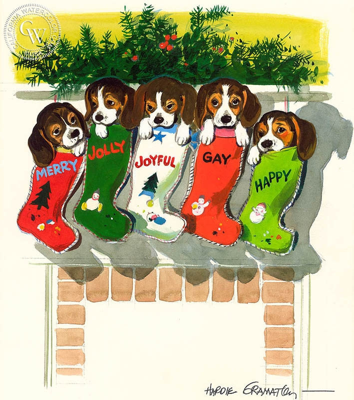 Five Puppies in Christmas Stockings, 1970, watercolor painting by Hardie Gramatky  (American art). Fine art giclée print reproduction by California Watercolor for wall decor.