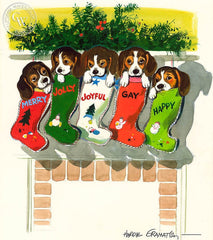 Five Puppies in Christmas Stockings, 1970, California art by Hardie Gramatky. HD giclee art prints for sale at CaliforniaWatercolor.com - original California paintings, & premium giclee prints for sale