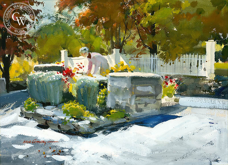 Garden, 1977, watercolor painting by Hardie Gramatky  (American art). Fine art giclée print reproduction by California Watercolor for wall decor.