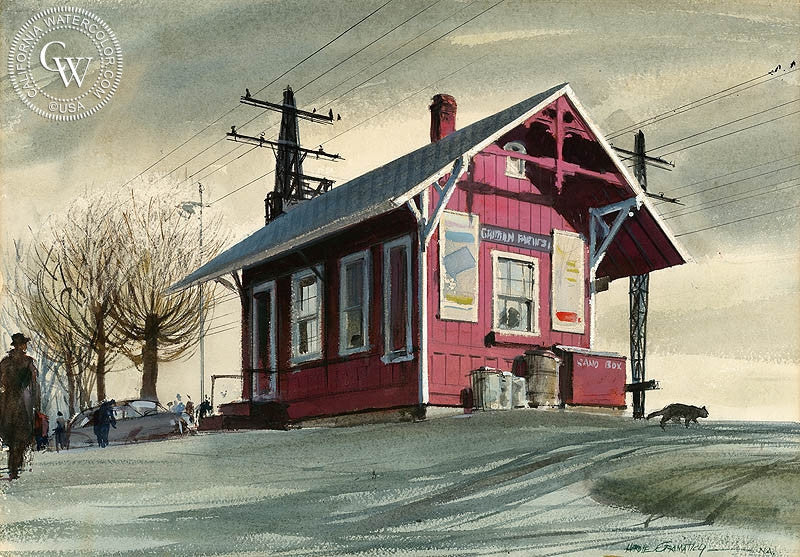 Greens Farms Station, (Westport), 1948, watercolor painting by Hardie Gramatky  (American art). Fine art giclée print reproduction by California Watercolor for wall decor.