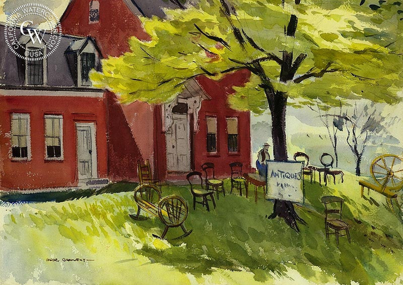 Greenwich, (Westport), 1937, watercolor painting by Hardie Gramatky  (American art). Fine art giclée print reproduction by California Watercolor for wall decor.