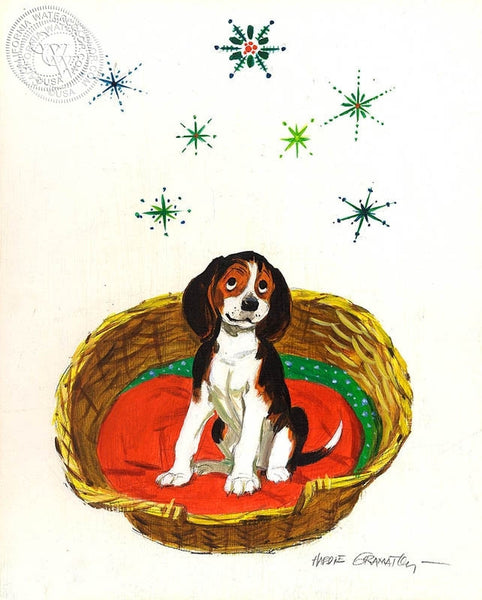Happy Beagle in the Basket, 1970, California art by Hardie Gramatky. HD giclee art prints for sale at CaliforniaWatercolor.com - original California paintings, & premium giclee prints for sale