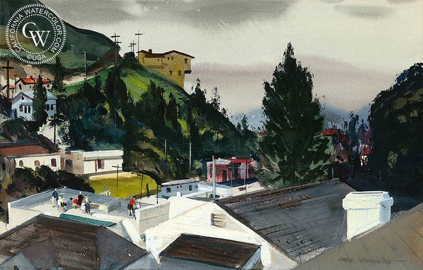 Hollywood Hills, 1945, a California watercolor painting by Hardie Gramatky. HD giclee art prints for sale at CaliforniaWatercolor.com - original California paintings, & premium giclee prints for sale