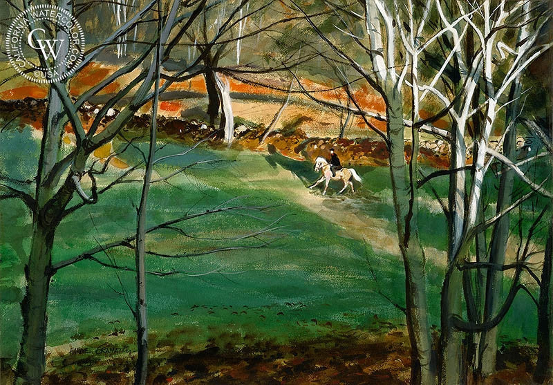 Horse and Rider, (Westport), 1973, watercolor painting by Hardie Gramatky  (American art). Fine art giclée print reproduction by California Watercolor for wall decor.