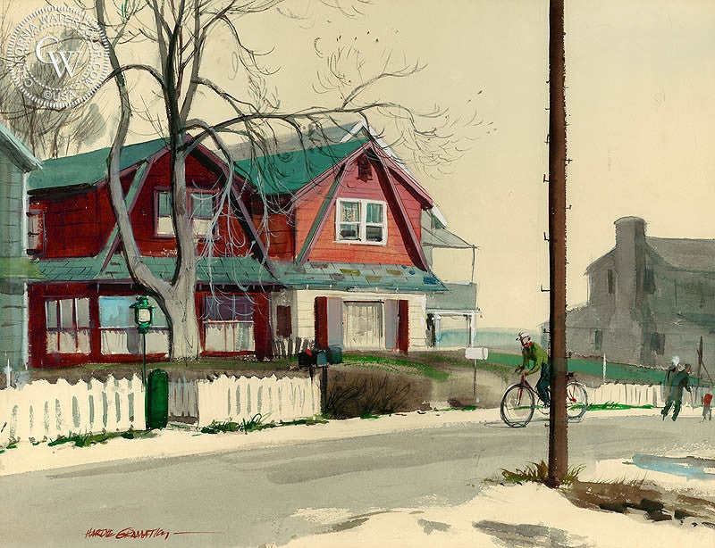 Houses at Old Mill Beach, (Westport), 1954, watercolor painting by Hardie Gramatky  (American art). Fine art giclée print reproduction by California Watercolor for wall decor.