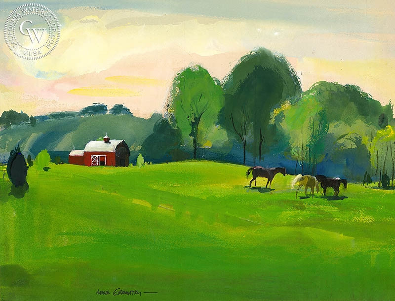Kentucky Spring, 1959, watercolor painting by Hardie Gramatky  (American art). Fine art giclée print reproduction by California Watercolor for wall decor.