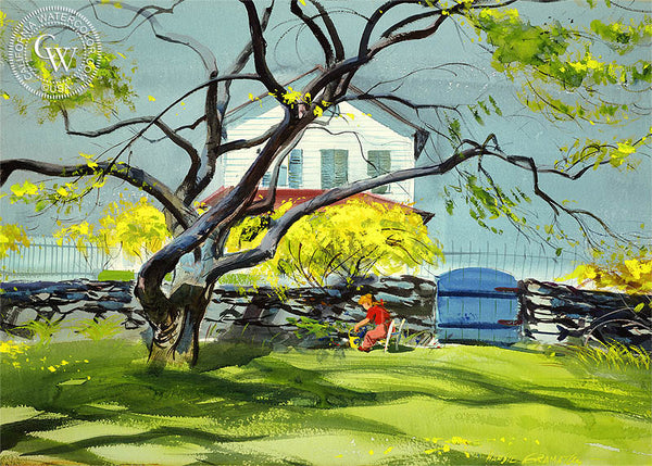 Linda in Front Yard, (Westport), 1947, a fine art painting by Hardie Gramatky. HD giclee art prints for sale at CaliforniaWatercolor.com - original California paintings, & premium giclee prints for sale