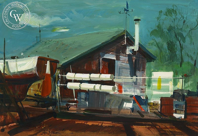 Little Shipyard, (Westport), 1967, watercolor painting by Hardie Gramatky  (American art). Fine art giclée print reproduction by California Watercolor for wall decor.