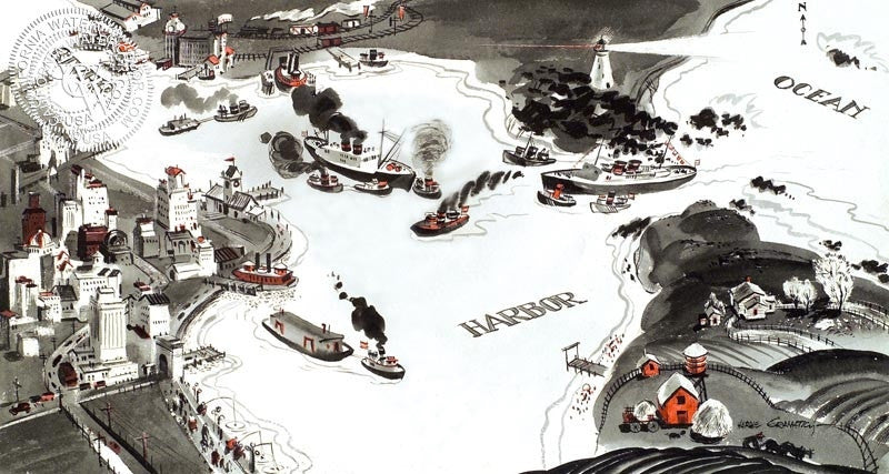Little Toot Endpapers, 1939, watercolor painting by Hardie Gramatky  (American art). Fine art giclée print reproduction by California Watercolor for wall decor.