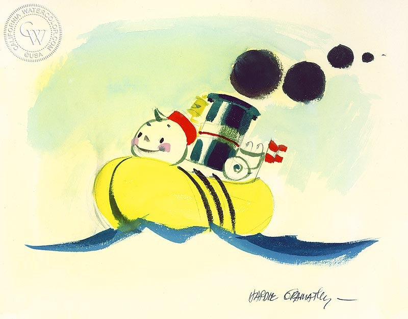 Little Toot Smiling, 1974, watercolor painting by Hardie Gramatky  (American art). Fine art giclée print reproduction by California Watercolor for wall decor.