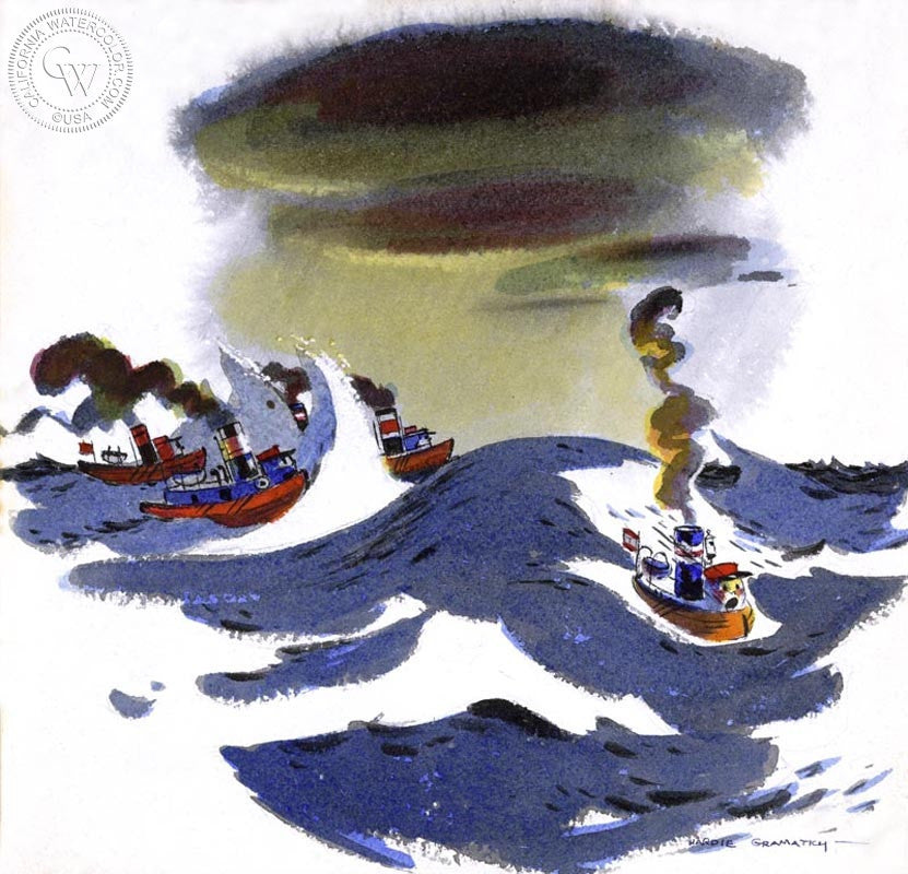 Little Toot Tries to Stay Afloat, 1939, watercolor painting by Hardie Gramatky  (American art). Fine art giclée print reproduction by California Watercolor for wall decor.